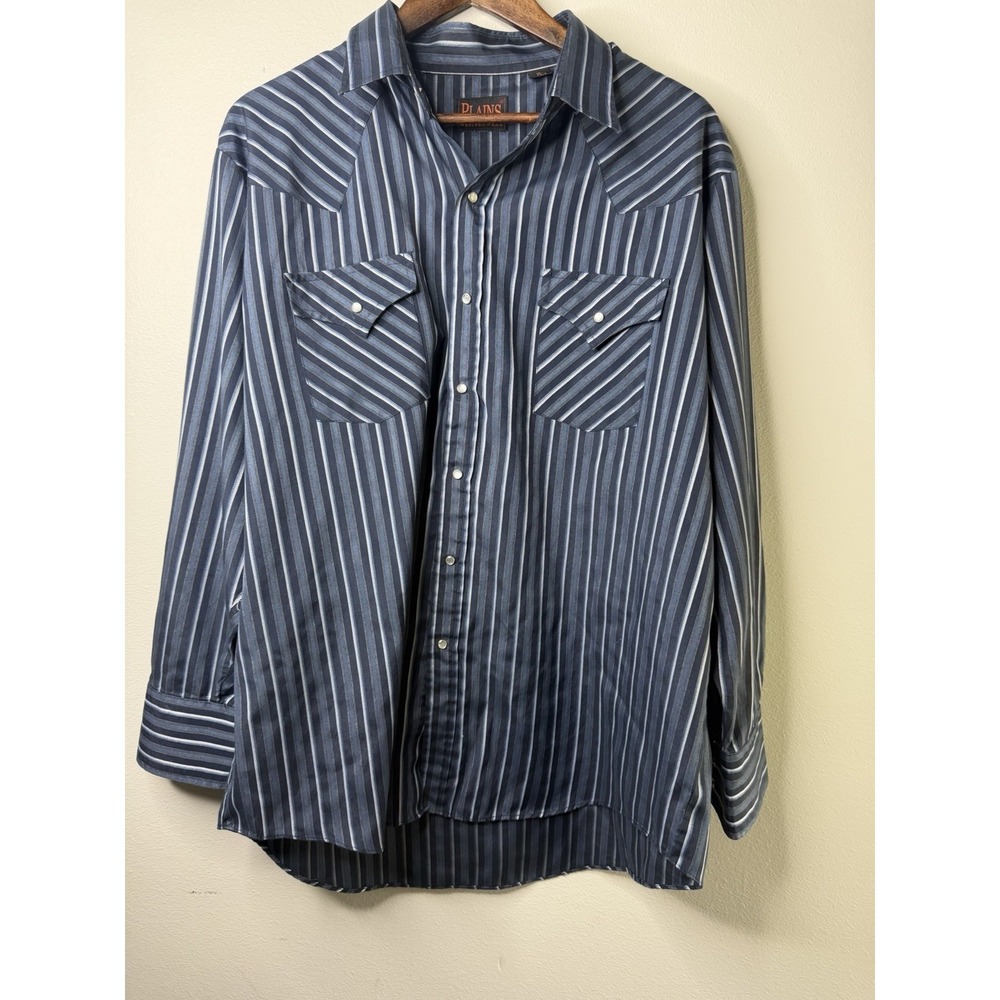 Plains Western Wear Shirt Men XL Long Sleeve Pearl Snap Up Navy Striped - Picture 1 of 3